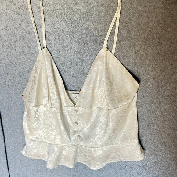 Ivory Satin Sz Medium Cami w FLAW Coquette Y2K Cropped  Peplum Strap Smocked - Picture 1 of 8